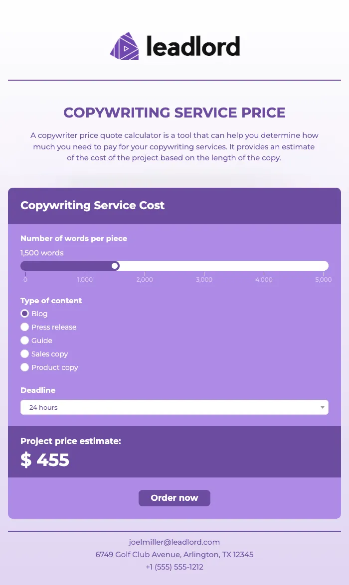 Custom landing page example for copywriting service calculator