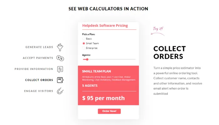 Web calculator builder for landing pages