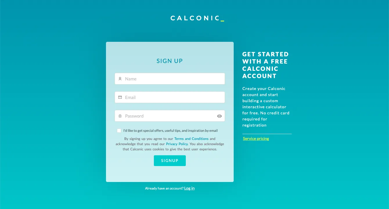 Calconic.com sign up form